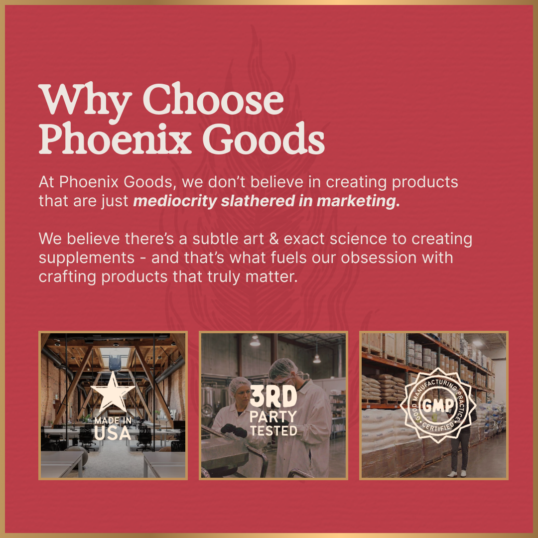 production scenes, a person working at a table, and a GMP-style seal, with phrases including 'Made in USA,' '3rd Party Tested,' and 'GMP Certified